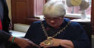 Mayor Christine May, Mayor of Greenwich Council, wearing the livery collar, an insignia of office.